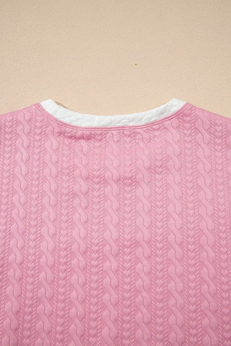 Pink Contrast Trim Textured Crewneck Tee And Pocketed Skirt Set - Love Salve